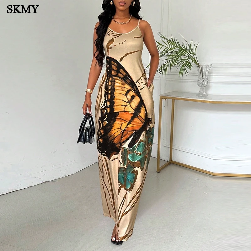 SKMY 2025 صيف جديد وصول Strappy عارية الذراعين Bodycon فستان موضة الأزهار طباعة بلا أكمام فستان قصير للحزب لباس غير رسمي