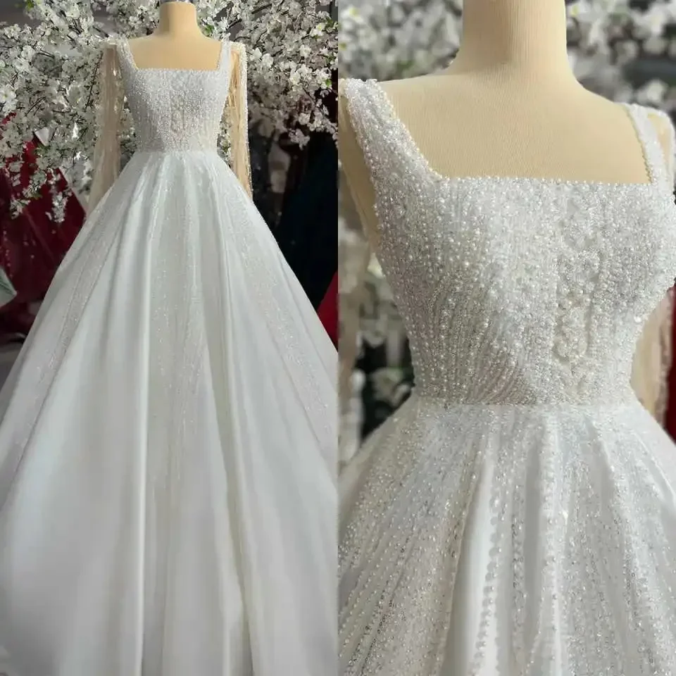 

Elegant A-Line Wedding Dresses Square Collar Pearls Beading Long Sleeves Satin Bridal Gown Princess Bride Dress vestidos
