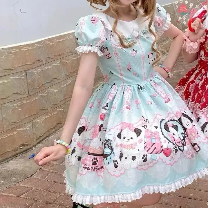 Original Design Cute Lolita Short Puff Sleeve OP Dress Women Vintage Kawaii Cartoon Print Apron Tea Party Princess Dress