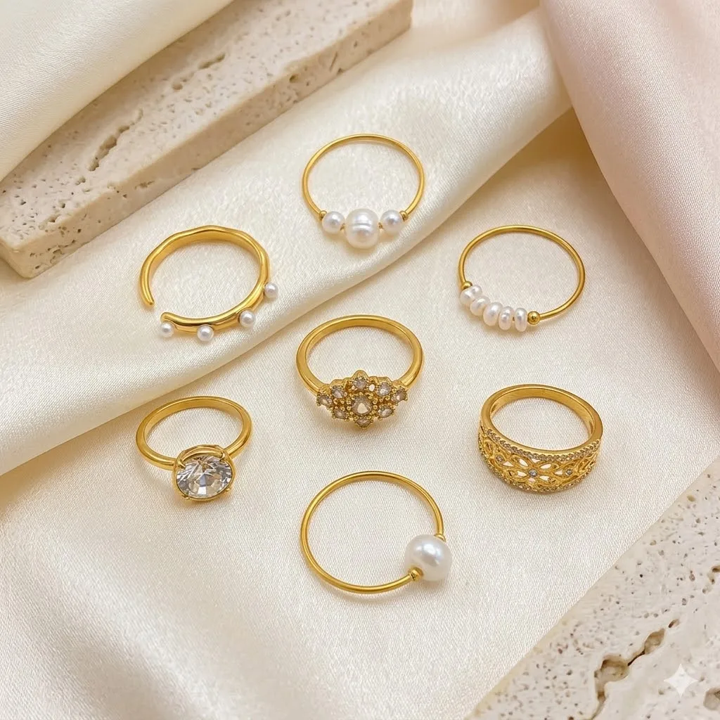 French Vintage Pearl Rings Set for Women 14K Gold Plated Baroque Pearl Ring Twisted Chunky Statement Finger Rings Jewelry Gift