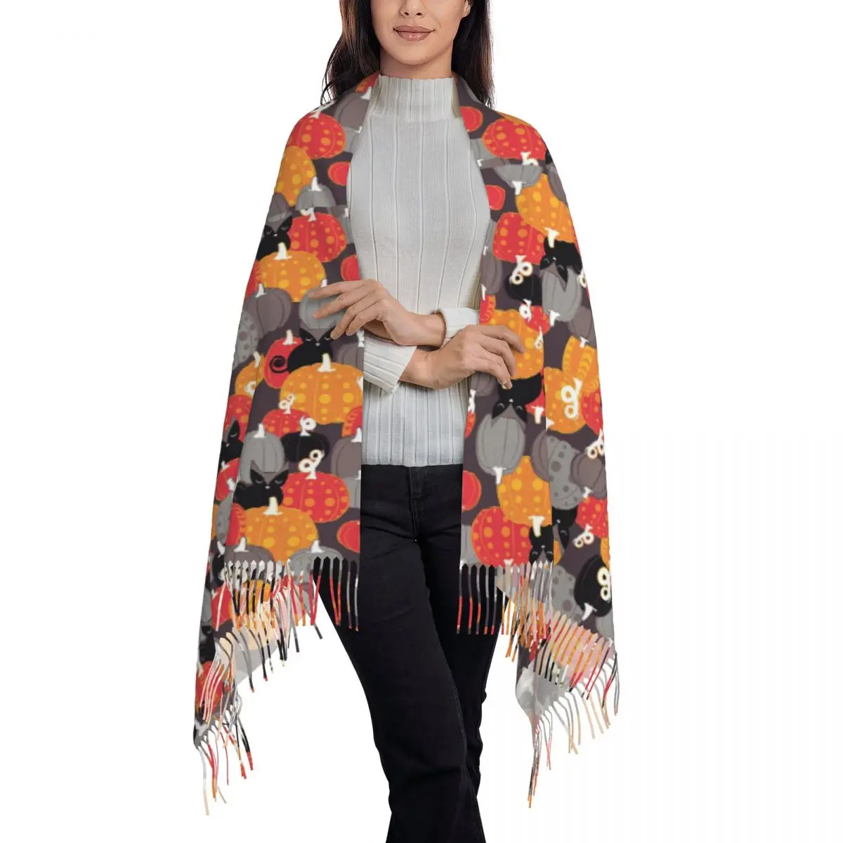 Halloween Black Cat Kitties And Pumpkins Scarf Tassel Scarves for Women Soft Warm Shawls and Wraps Long Fall Winter Shawl Wrap