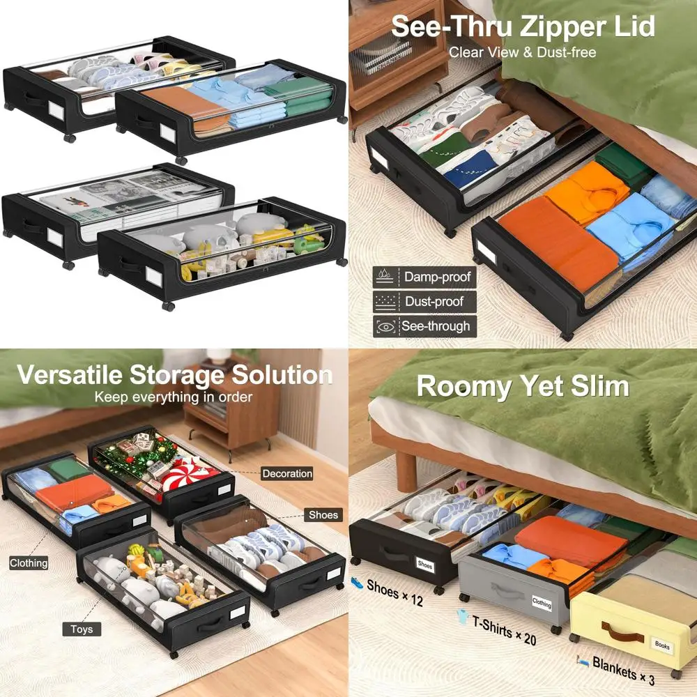 

Extra Large Rolling Underbed Storage Boxes with Clear Tops - 4 Pack for Clothes, Shoes, and Dorm Essentials