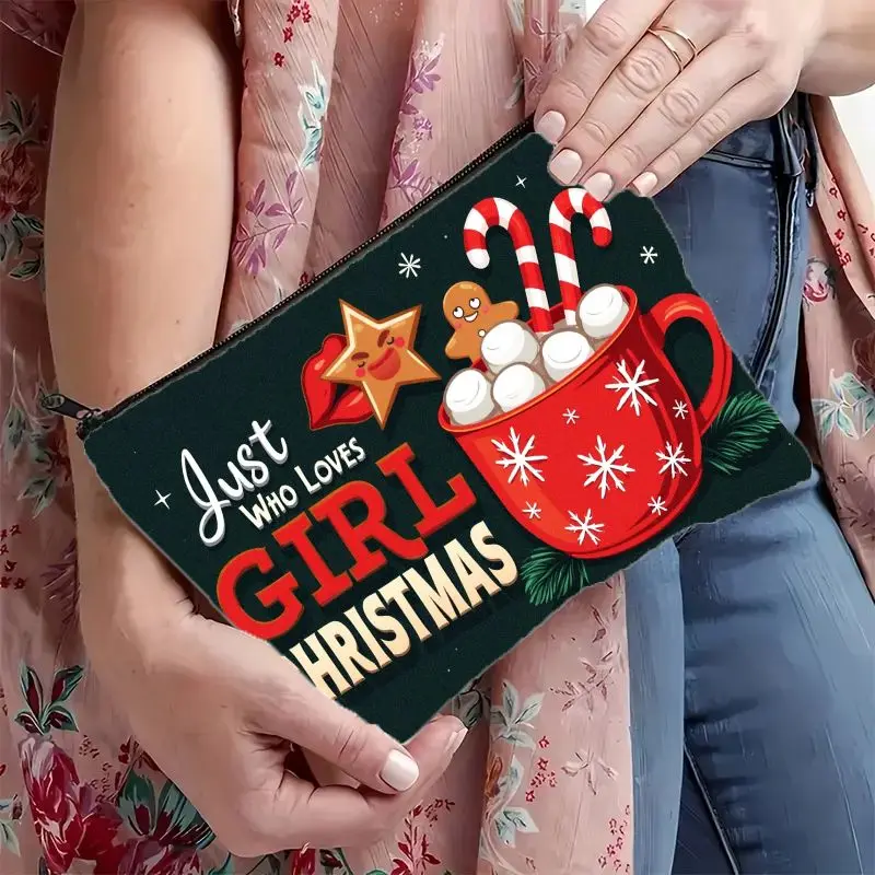 Festive Christmas Theme Flat Cosmetic PouchJust Who Loves Girl Christmas Featuring Hot Portable Makeup Organizer for Women