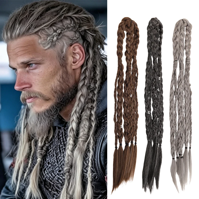 20 Inch Medieval Braided Ponytail Extensions Heat Resistant Synthetic Fiber Clip in Viking Hair for Men Women