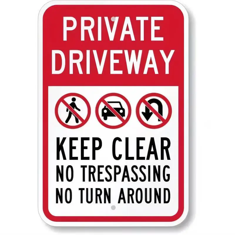 Red & White Iron Private Driveway Sign - No Trespassing/Turn Around, Keep Clear Design, Outdoor Safety Decor for Residential Pro
