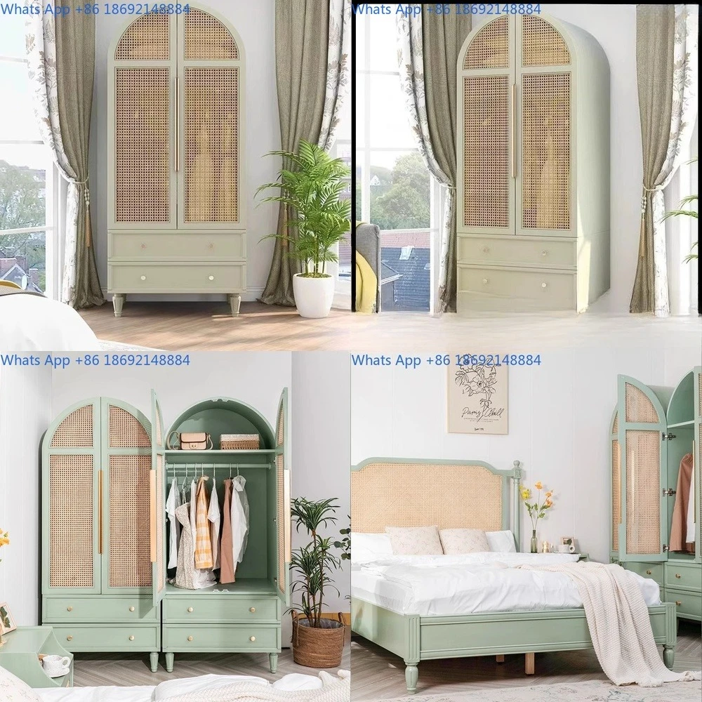 

French style cream colored rattan wardrobe simple solid wood clothes storage cabinet bedroom arched double door closet