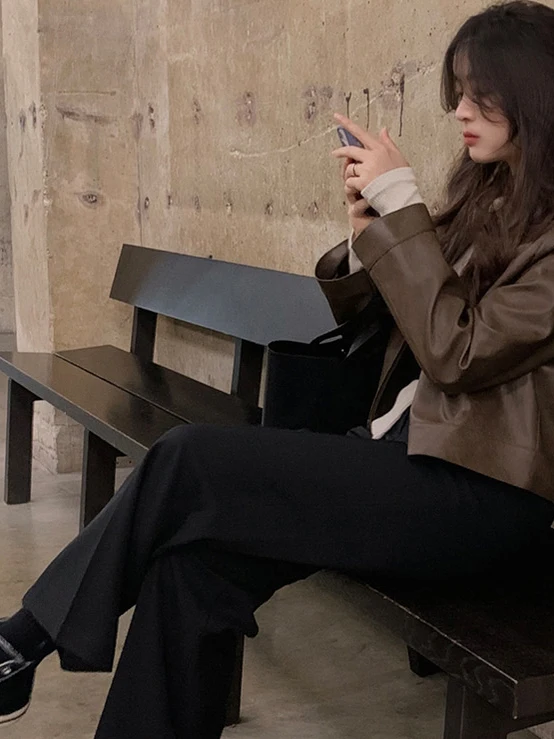 Retro Ele solapa doble cremallera suelta versátil Jaet cuero abrigo mujer coreano Sle Top PU cuero largo Sve ort L...