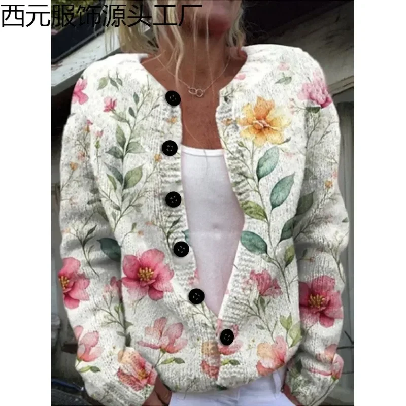 Women 3D Digital Print Knit Cardigan Sweater Casual Spring Autumn Jacket 2026 New
