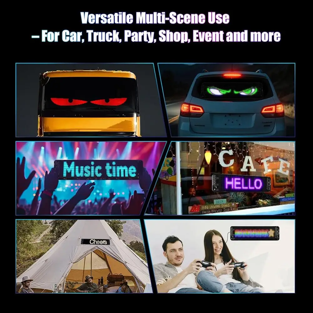 Doppi occhi da diavolo LED 23,62x4,72 con testo e animazione personalizzabili, telecomandati tramite app, cartello scorrevole flessibile per veicolo Wi