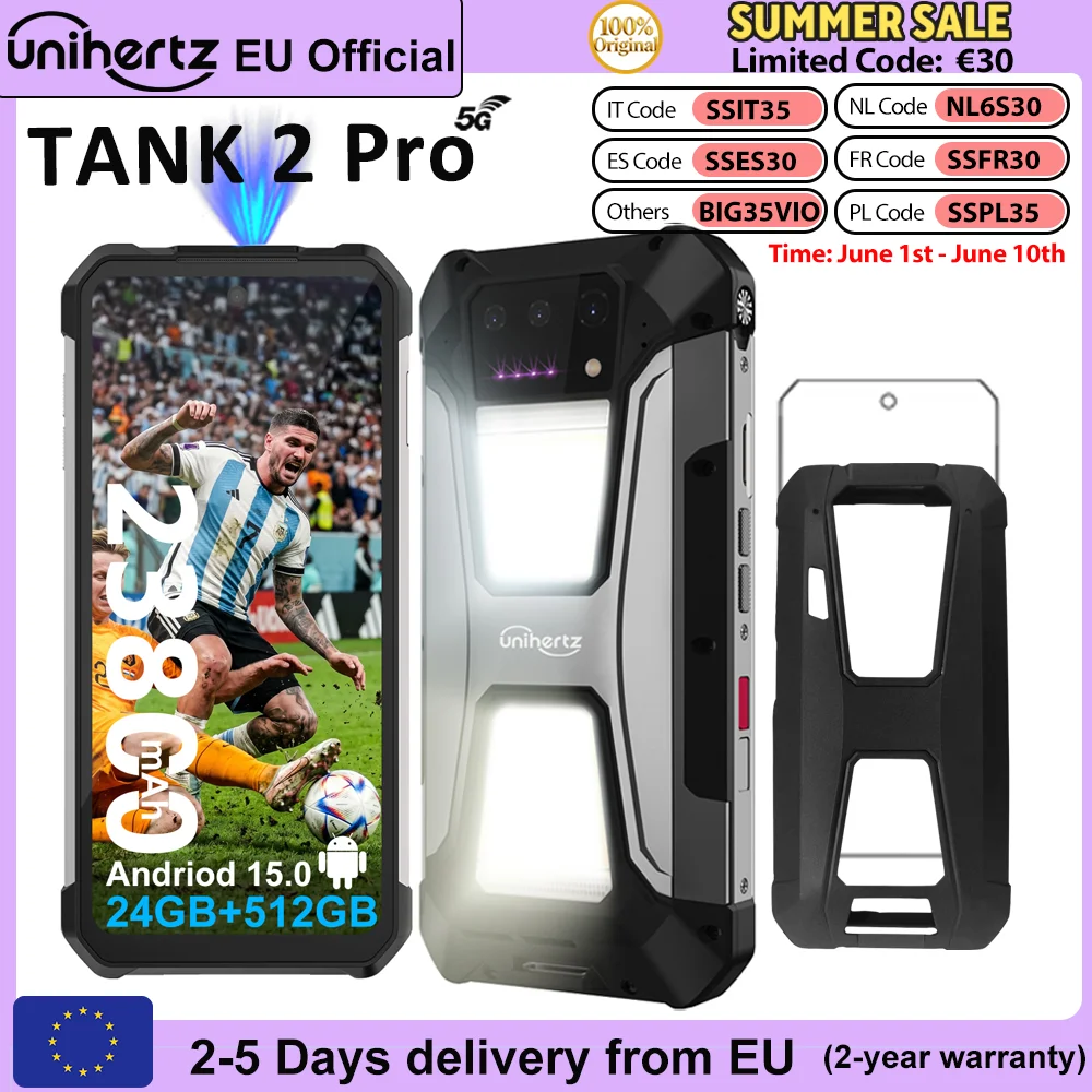 Unihertz by 8849 TANK 2 Pro - Téléphone robuste avec projecteur, batterie de 23800 mAh et projection supérieure