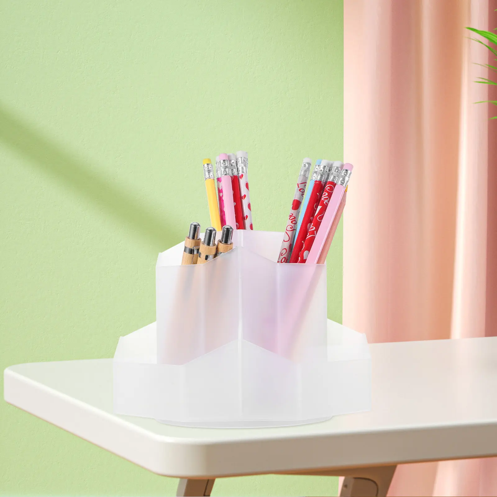 9-Slot Rotatable Desk Pen Holder Plastic Pencil Organizer Multi-Functional Desktop Storage Caddy Makeup Brush Stand Office Use