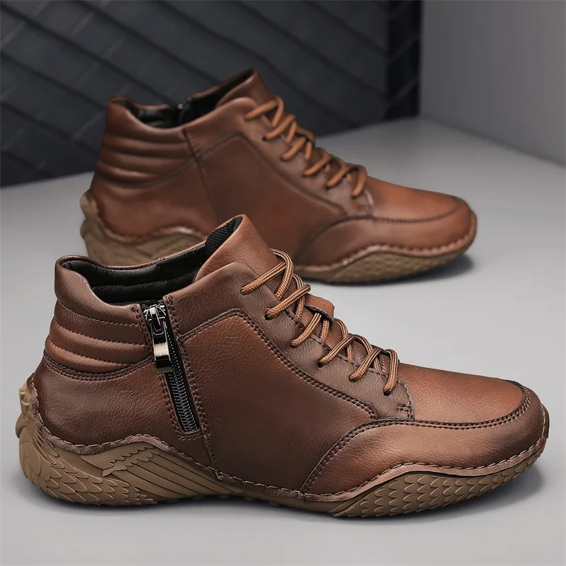 

Autumn Winter Men Casual Low Cut Anti Slip Side Zipper Flat Bottom Sewn Boots Outdoor Warm Hiking Boots