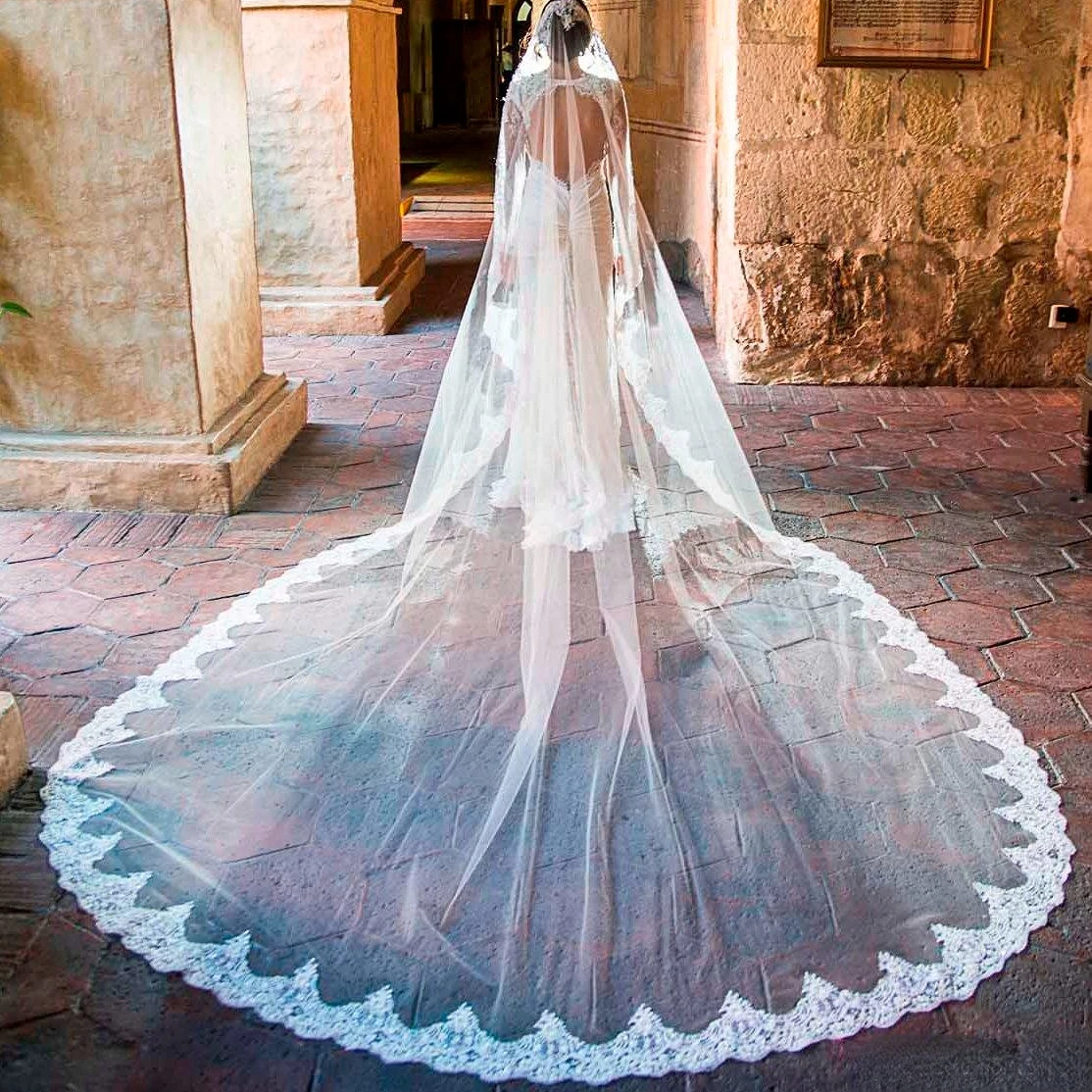 Veli da sposa lunghi cattedrale con applicazioni in morbido Tulle pizzo 4M di lunghezza velo da sposa su misura con pettine Velos De Novia