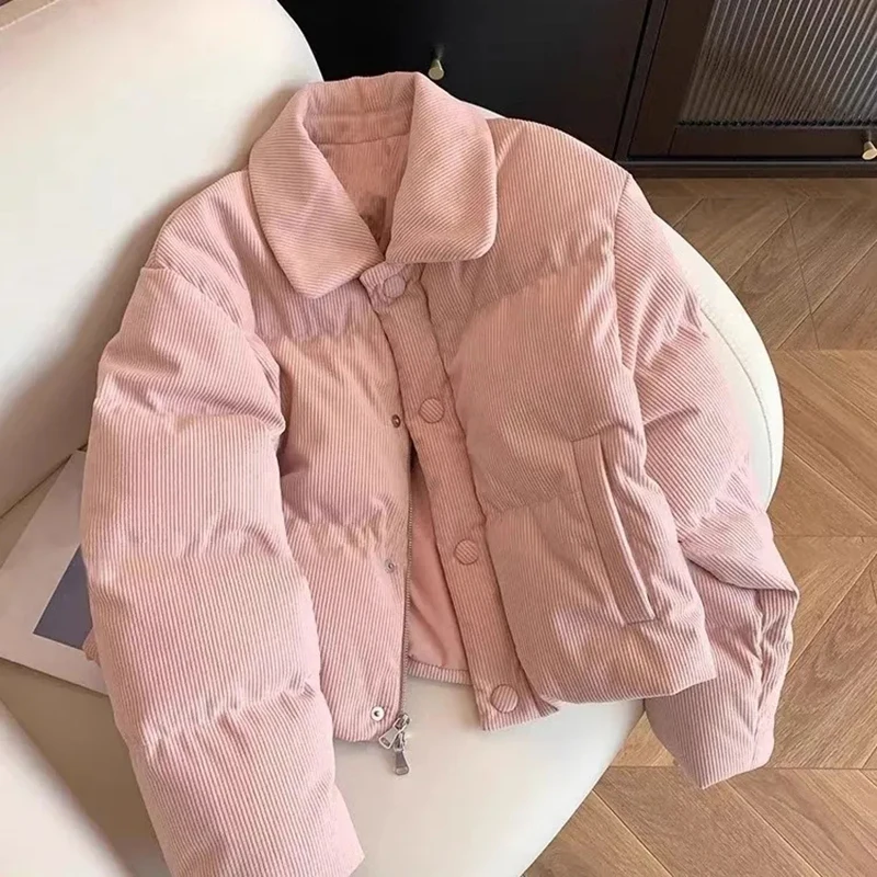 

Pink Sweet Corduroy Crop Parkas Women Winter Warm Zipper Preppy Casual Puffy Coats Loose Long Sleeve Button Pocket Short Outwear