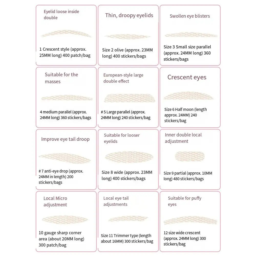 Autocollant de paupière en maille de dentelle de pulvérisation d'eau, possède un ruban de paupière double, grands yeux, 12 saillies avec outil auxiliaire, 200 paires