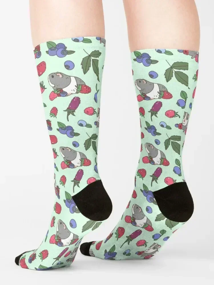 Gray Guinea pig, raspberries and blueberries pattern in mint background Socks halloween colored Crossfit Ladies Socks Men's