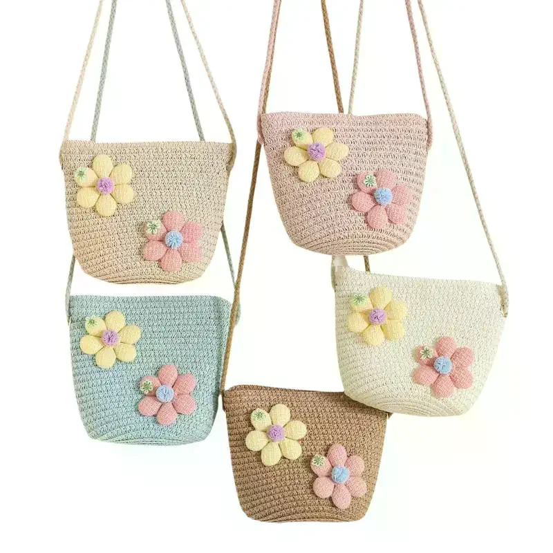 Fashion Handmade Woven Girl Flower Straw Bag Zipper Kid Messenger Bags Coin Purse Crossbody Handbag Summer Beach Photo Props