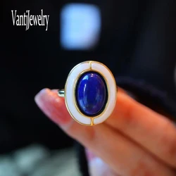 Elegant Natural Lapis Ring 925 Sterling Silver White Shell Fine Jewelry for Women Girl Birthday Party Gift