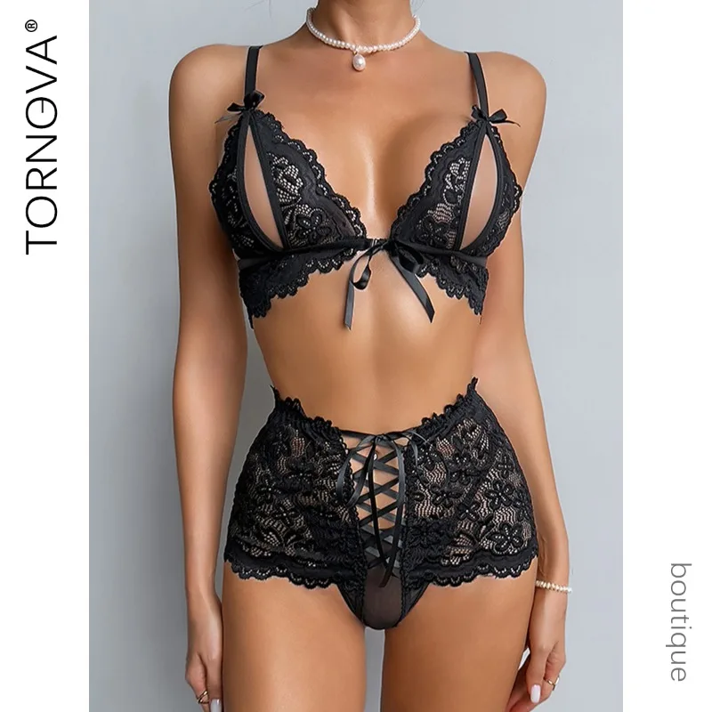 Tornova رومانسية الملابس الداخلية اللباس الداخلي مفتوحة المنشعب القوس عقدة ديكور الدانتيل انظر من خلال فتاة ضئيلة المرقعة 2 قطعة مجموعة الملابس الداخلية مغر الساخنة
