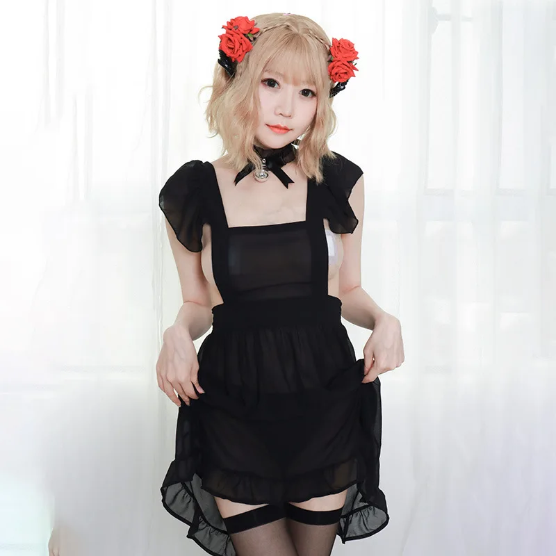 Anime Semi-permeable Maid Nightdress Sexy Bow Ties Crossed Lacesa Halter Apron with a Neck Ring Black and White Cosplay Costume