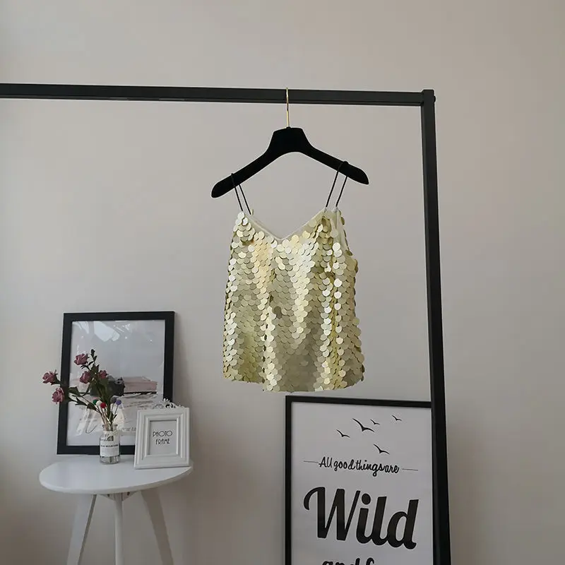 Haut camisole à bretelles à col en V, vêtements de performance sur scène, paillettes scintillantes de Rotterdam, coupe couvertes, rétro américain, sexy, mode estivale, nouveau