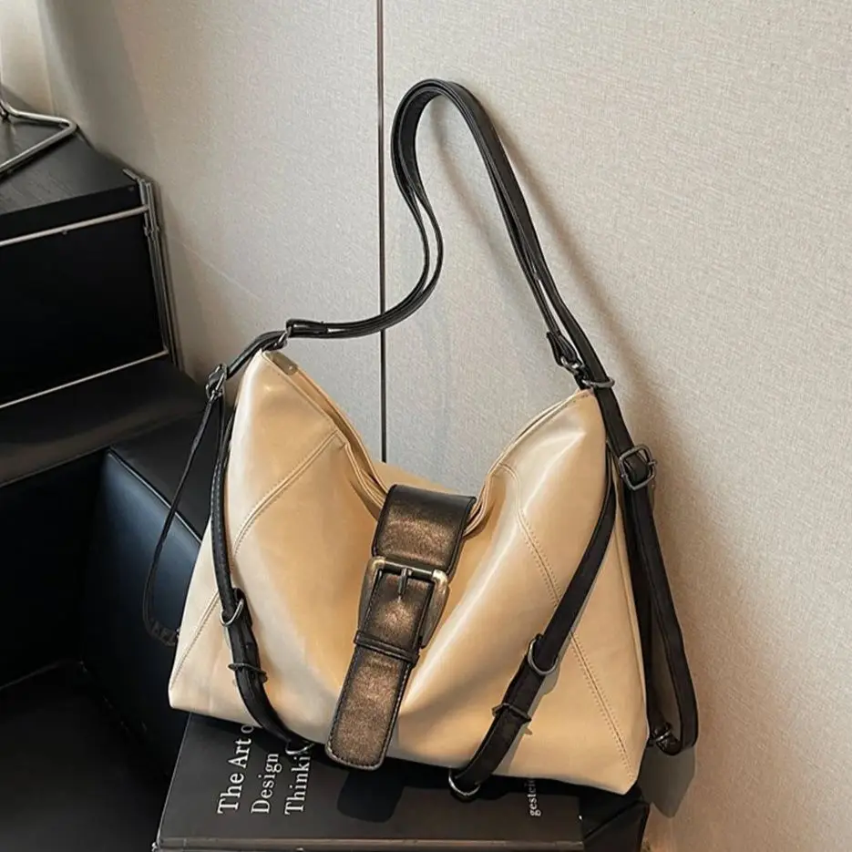 

PU Belt Buckle Design Tote Bag Women's Autumn New Large Capacity Trendy Shoulder Bag Lazy Atyle Commuter Adjustable Backpack