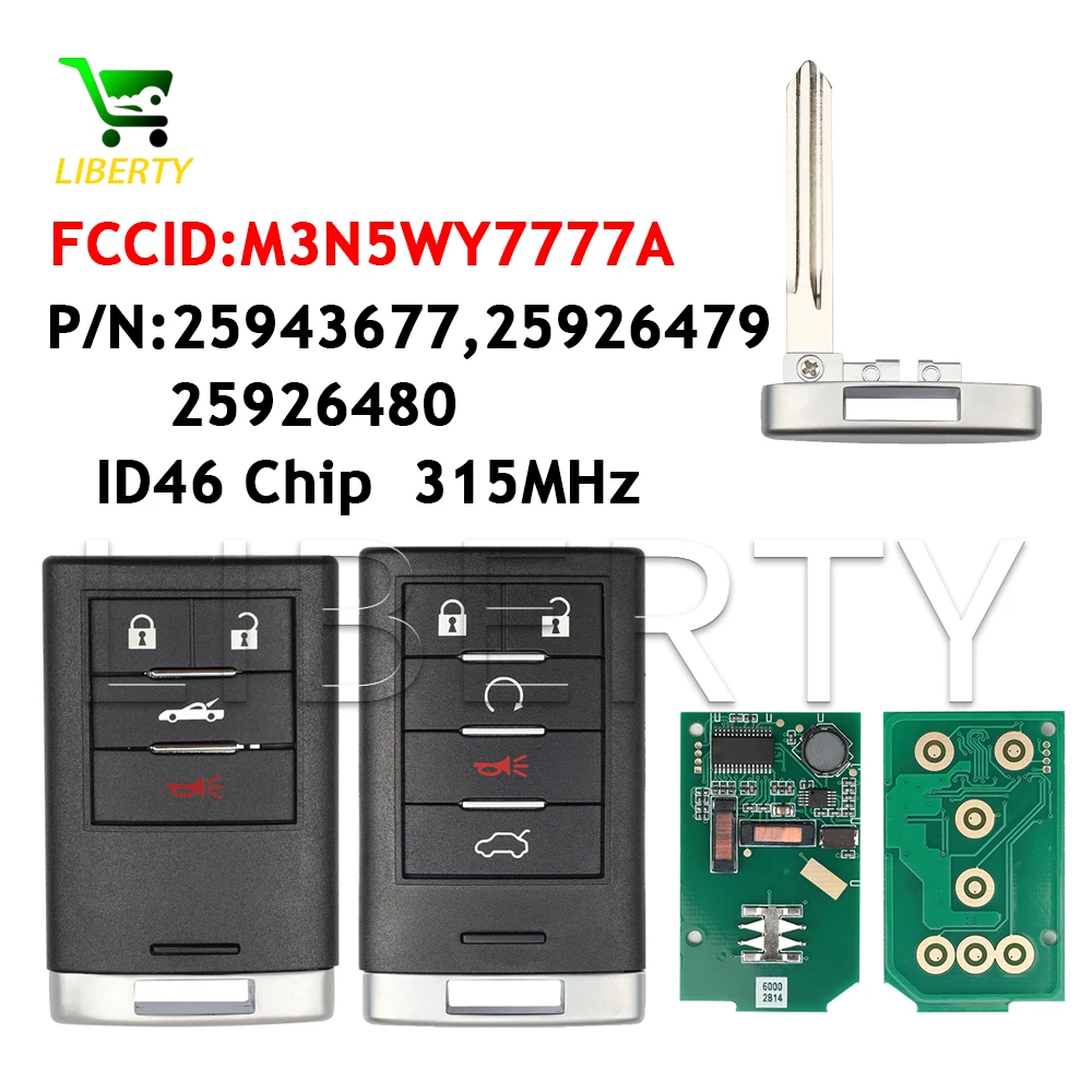 Liberty For Cadillac CTS STS SLS 2008-2014 Car Owner Locksmith 4/5BTN 315MHz ID46 Chip FCC:M3N5WY7777A Smart Remote Car Key Fob