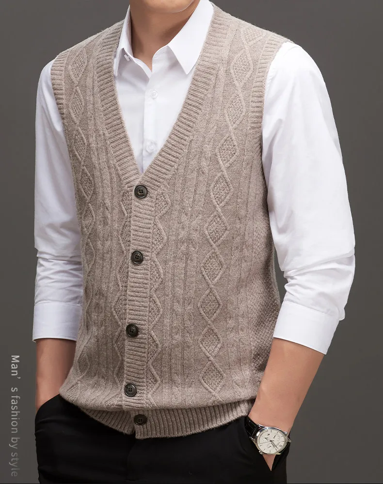 Cardigan wool vest middle-aged and elderly knitted vest thick men's sleeveless cardigan vest in autumn and winter
