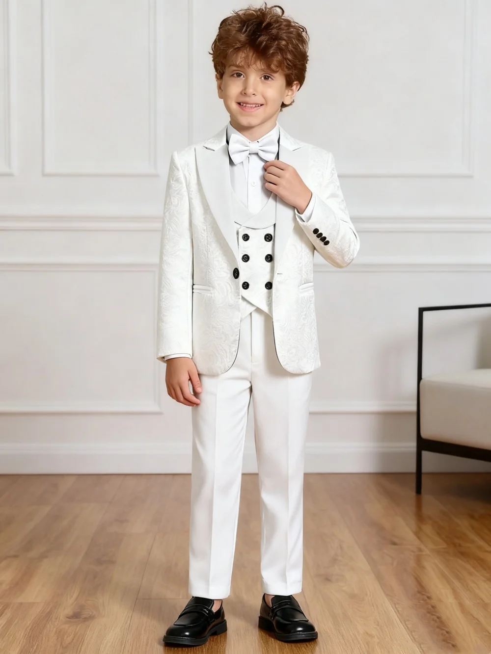 

Elegant Suit Set For Kids 3-14 Years White Paisley Boy's Suits 4 Pieces Jacket Vest Pants Bow-Tie Regular Fit Child Tuxedo Set