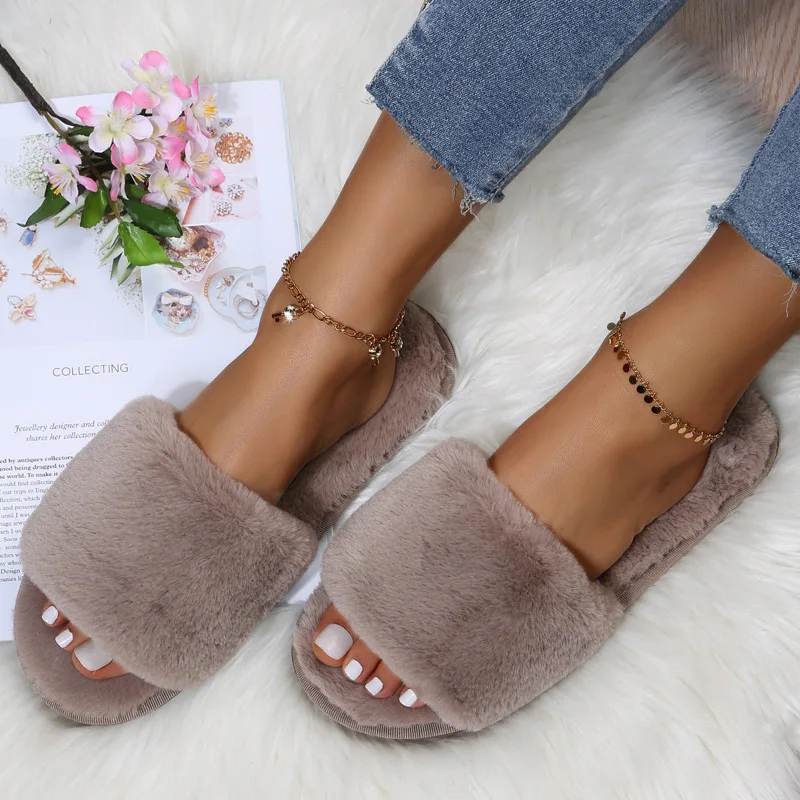 2022 New Women Winter House Furry Slippers Non-Slip Casual Indoor Flats Floor Shoes Ladies Flip Flops Warm Shoes Solid Colors