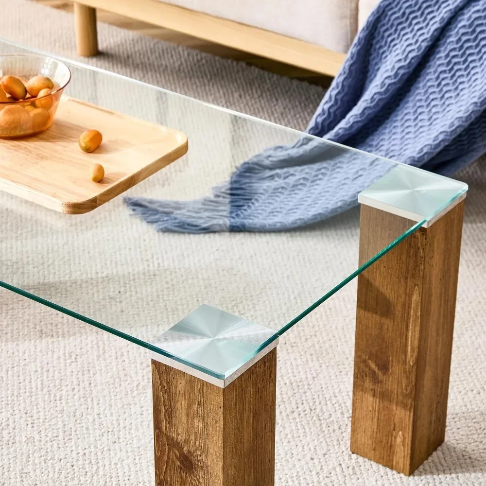 Madeira e vidro mesa de café superior, retângulo mesa de chá com madeira perna, accent mesa de chá para sala de estar, moderno, 44"