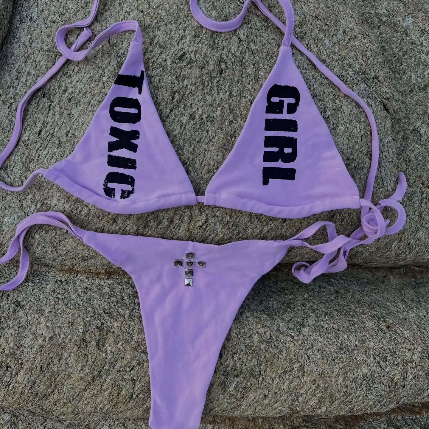 

Cross Rhinestone Trend Party Swimsuit Creative Purple Letter Printing European American Fashion Suspender Bikini Suit Spice Girl