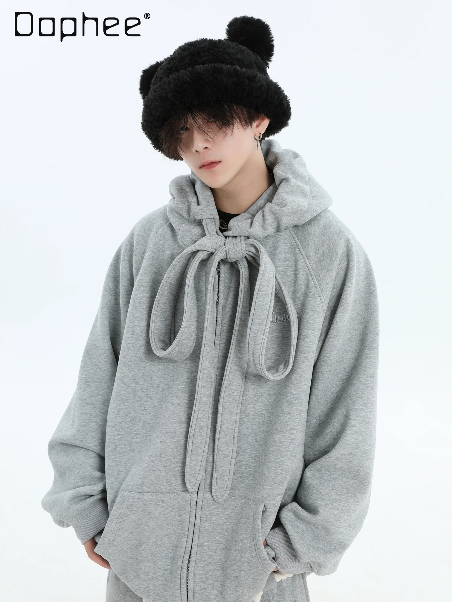 

Spring and Autumn New American Style Lace-Up Design Men's Loose Casual Velvet Gray Black Hooded Cardigan Sweatshirt