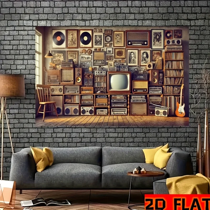 2D-Flachbanner, 1 Stück Retro-Haushaltsgeräte- und Fotohintergrundstoff, Schallplatte und Foto, Retro-Heimdekoration – Detail 2