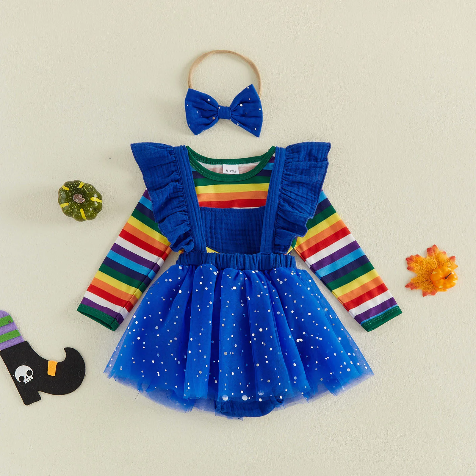 Baby Girl Halloween Outfits Long Sleeve Rainbow T shirt Tops Suspender Shorts Skirt  Headband Set Halloween Costume