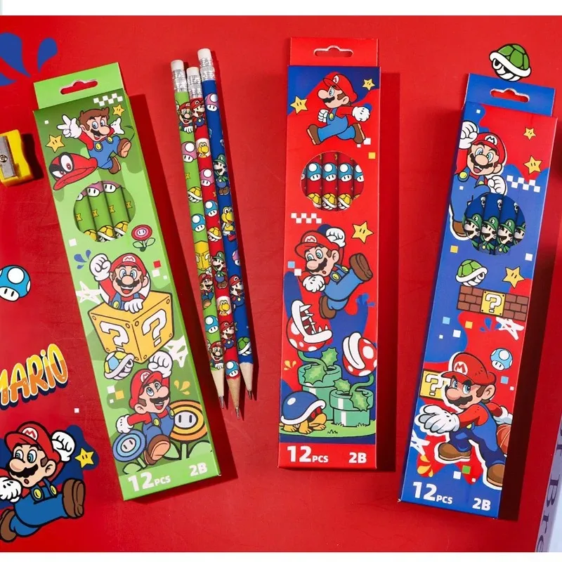 12pcs Super Mario Pencil with Pencil Sharpener Anime Cartoon 2B Pencil Special Wood Pen Stationery Birthday Gift for Boy Girl