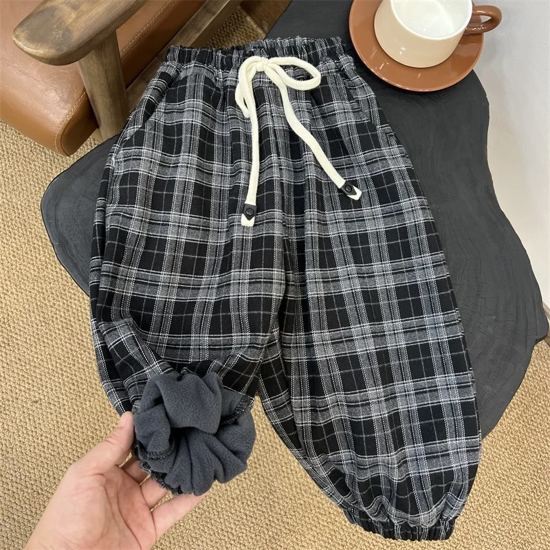 Children Pants Winter Composite Integrated Fleece Plaid Pants Boys and Girls Korean Style Thick Closed Bloomers Casual Pants