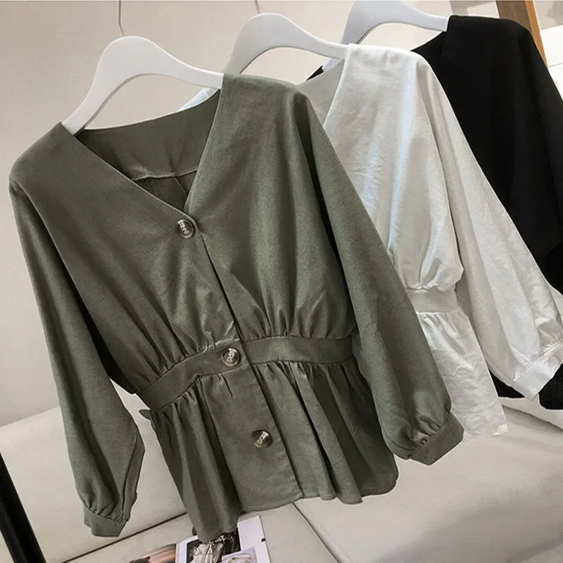 بلوزة نسائية بأكمام طويلة بأزرار ورقبة على شكل حرف V ، توبات نسائية ، قمصان أنيقة ، أحادية اللون ، ملابس شارع غير رسمية ، الربيع ، الصيف ،