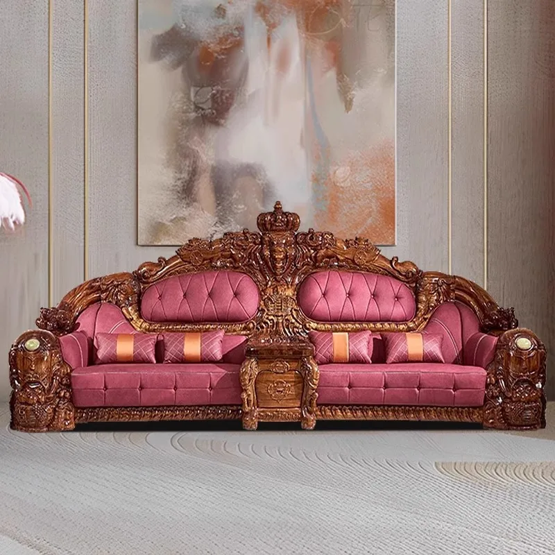 European Luxury Solid Wood Carving Flower First Layer Cowhide Large Villa Sofa Combination Leather New Chinese Living Room Jixia