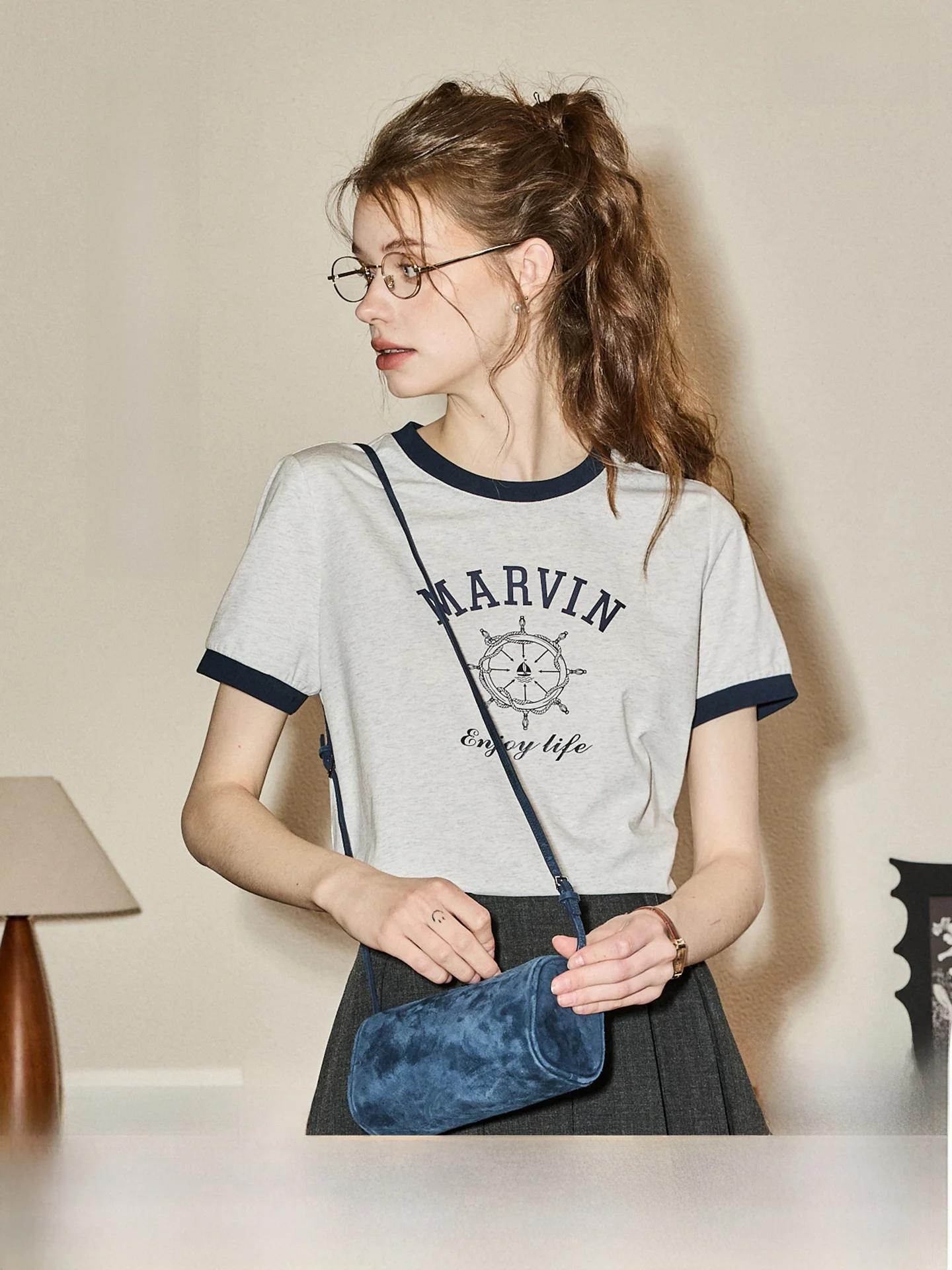 KUHNMARVIN Cotton 100% Short Sleeve T-Shirt Women's Summer New Style Color Block Roll  Casual round Neck Top
