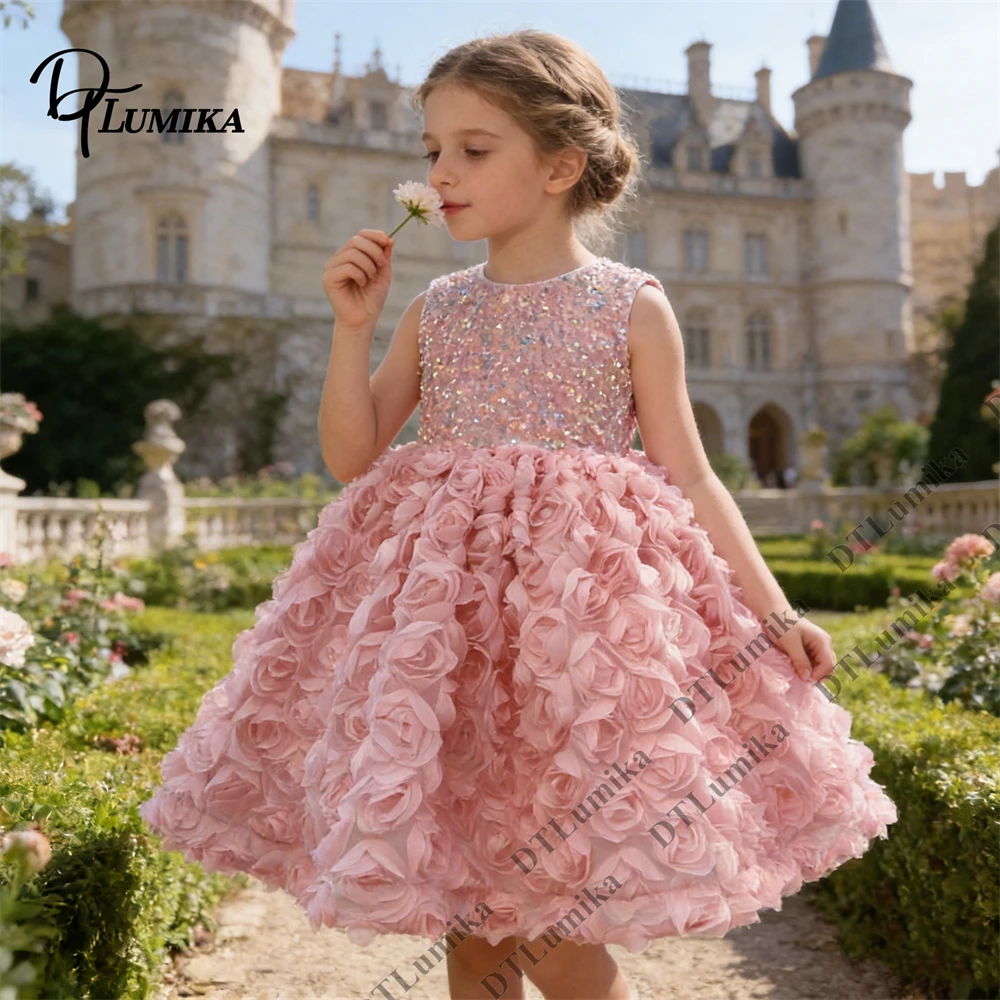 Pink 3D Rose Beaded Flower Girl Dress with Tiered Ball Skirt Wedding Ceremony Festival Stage Formal Gowns for Children no Sleeve