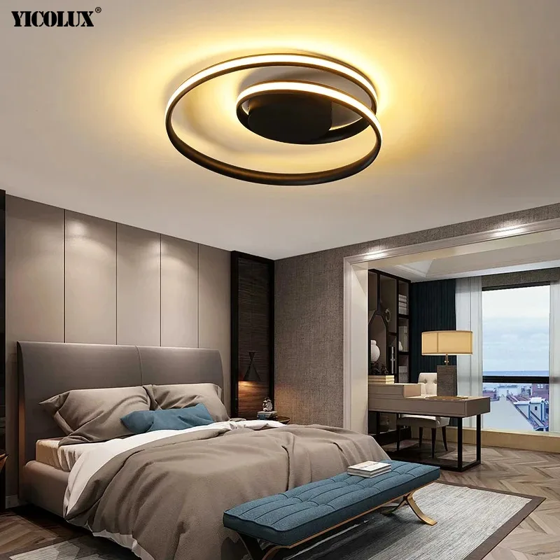 Round Bedroom Lamp Acrylic LED Chandelier Living Room Study Room Ceiling Light Black White Home Decoration Lighting Fixture Lamp