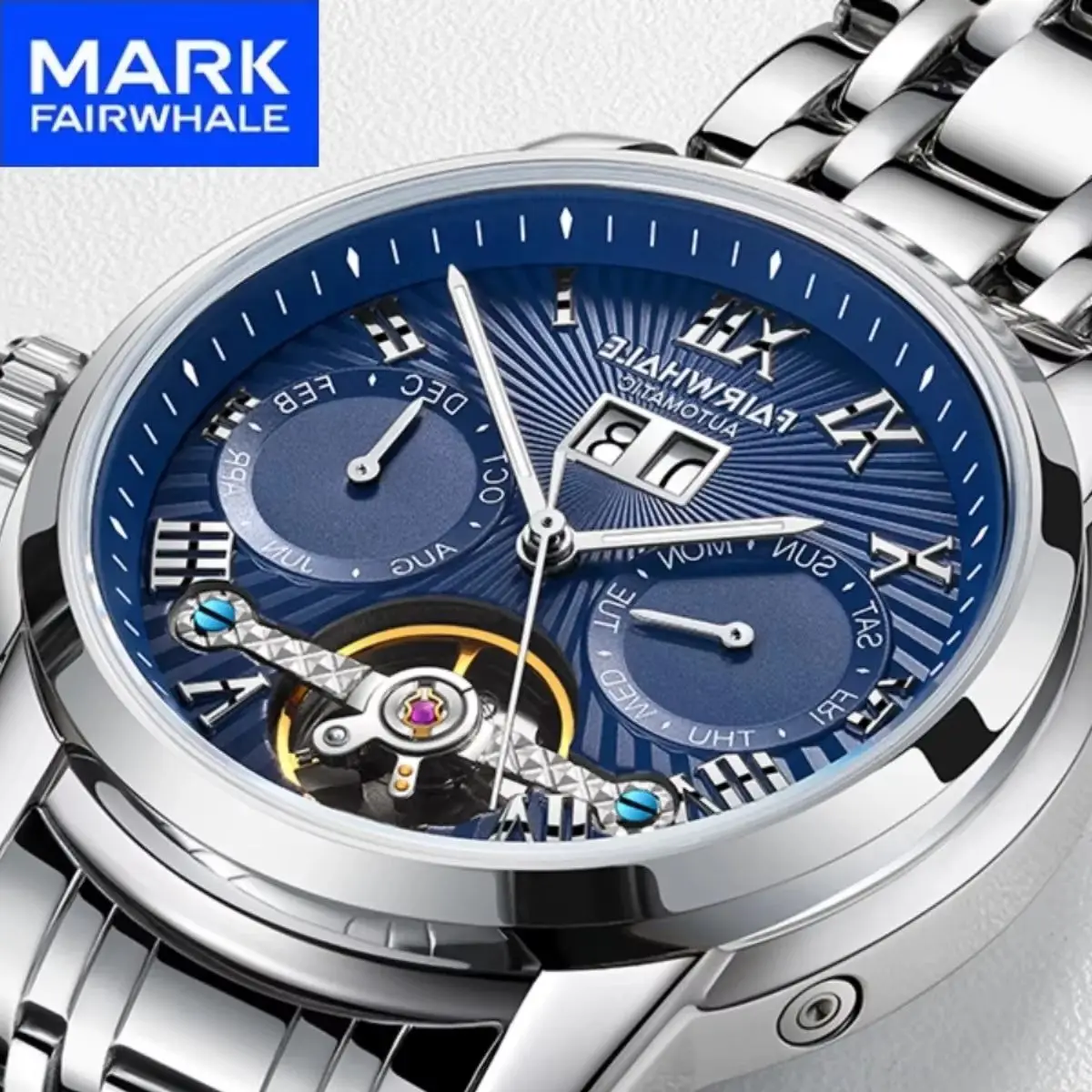 

Mark Fairwhale Hollow Out Men's Automatic Movement Mechanical Watch Calendar Luminous Luxury for reloj hombre