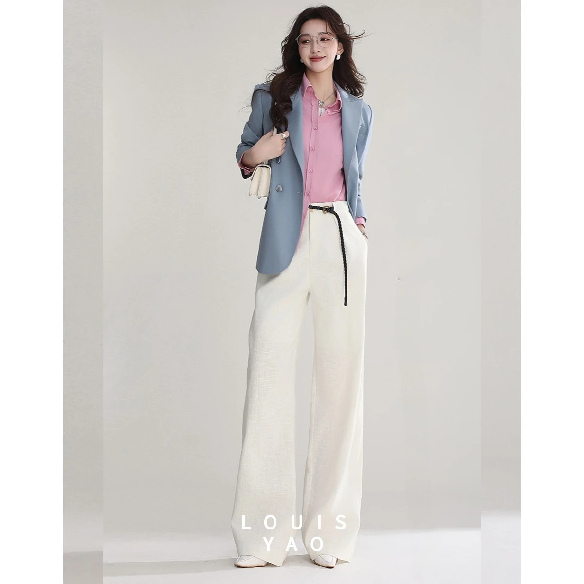 LOUISYAO 2026 Summer Detachable Belt Straight Pants Elastic High Waist Linen Cotton Women Casual Pants