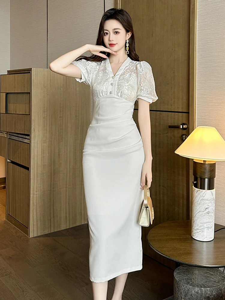 New Work Style Formal White Pencil Dress Women Clothes Elegant Office Lady Retro Puff Sleeve Skinny Midi Robe Party Prom Vestido