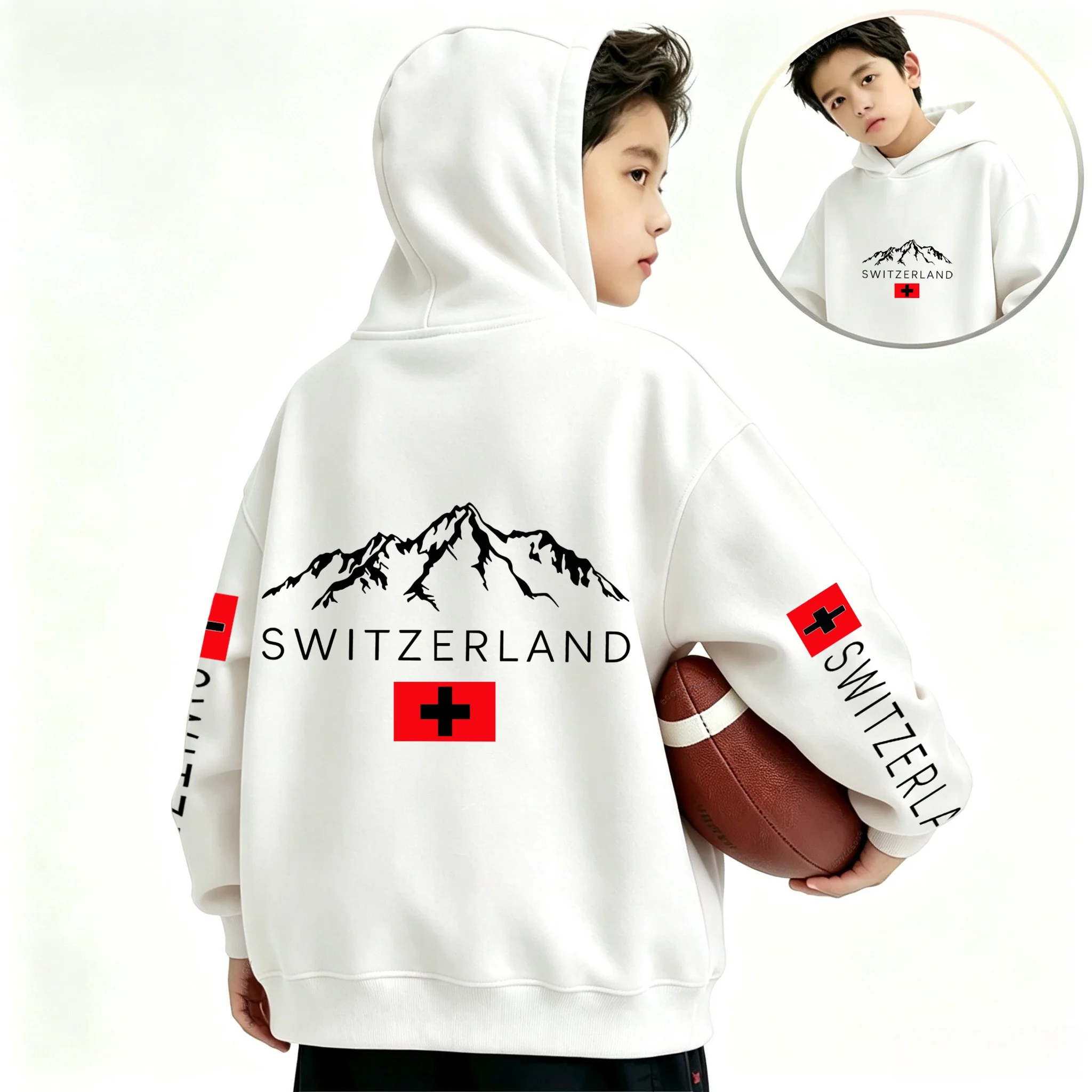 Kids Oversized Hoodie Switzerland Alps Mountain And Cross Flag Print Boys Girls Casual Long Sleeve Hooded Sweatshirt