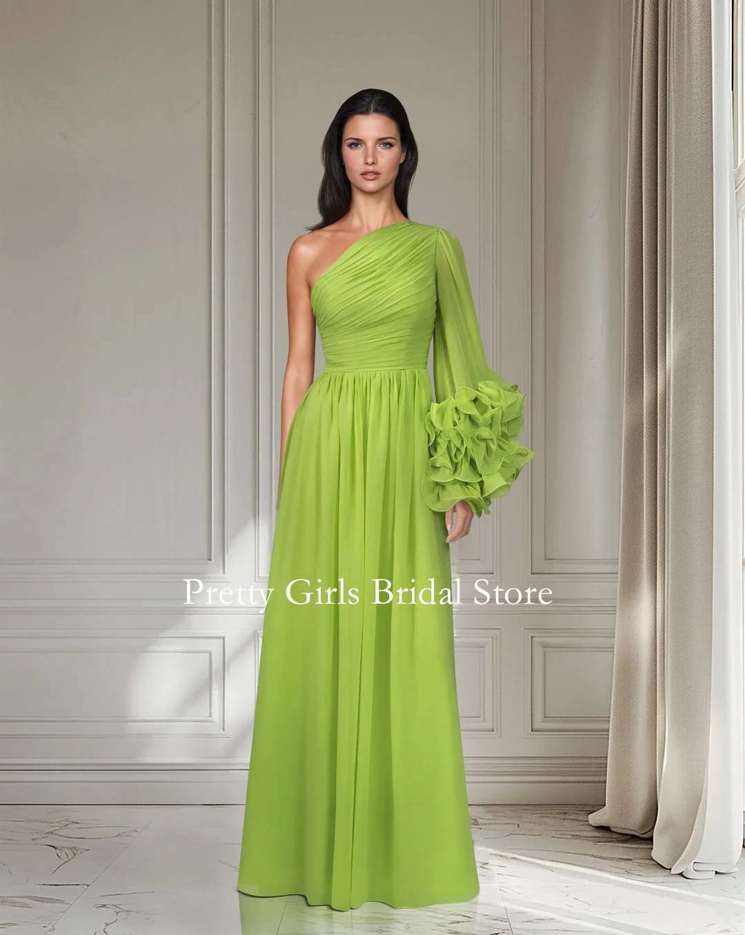 OEING Arabic Style Vintage Chiffon Evening Dresses DRAPED DRESS WITH RUFFLED SLEEVE Formal Prom Growns Party Women Bride