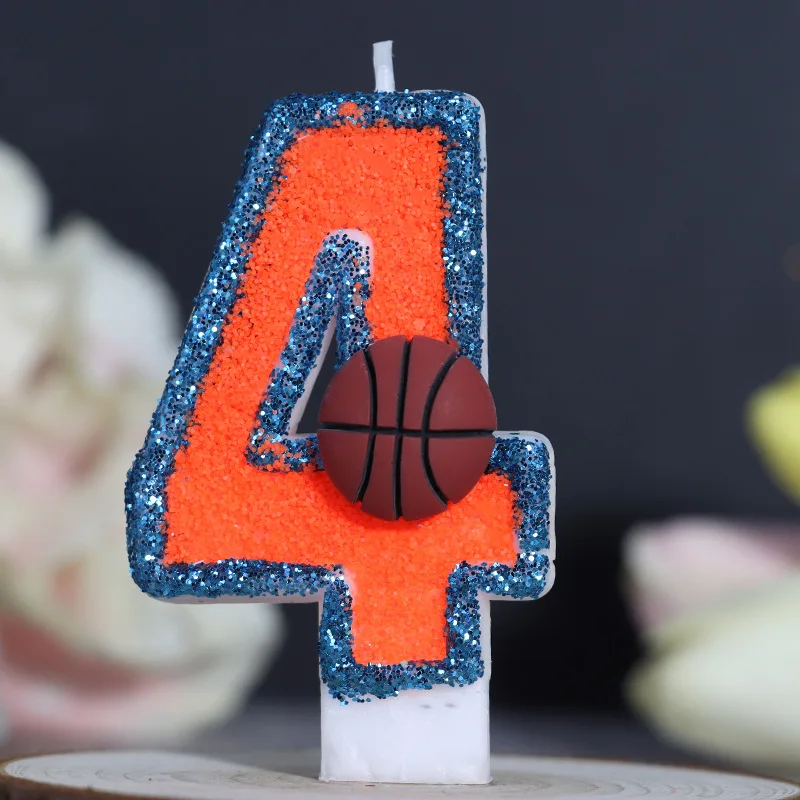 Blue Orange Patchwork Sequined Digital Candle Cartoon Basketball Birthday Candle, Party Dessert Birthday Cake Decoration Plugin