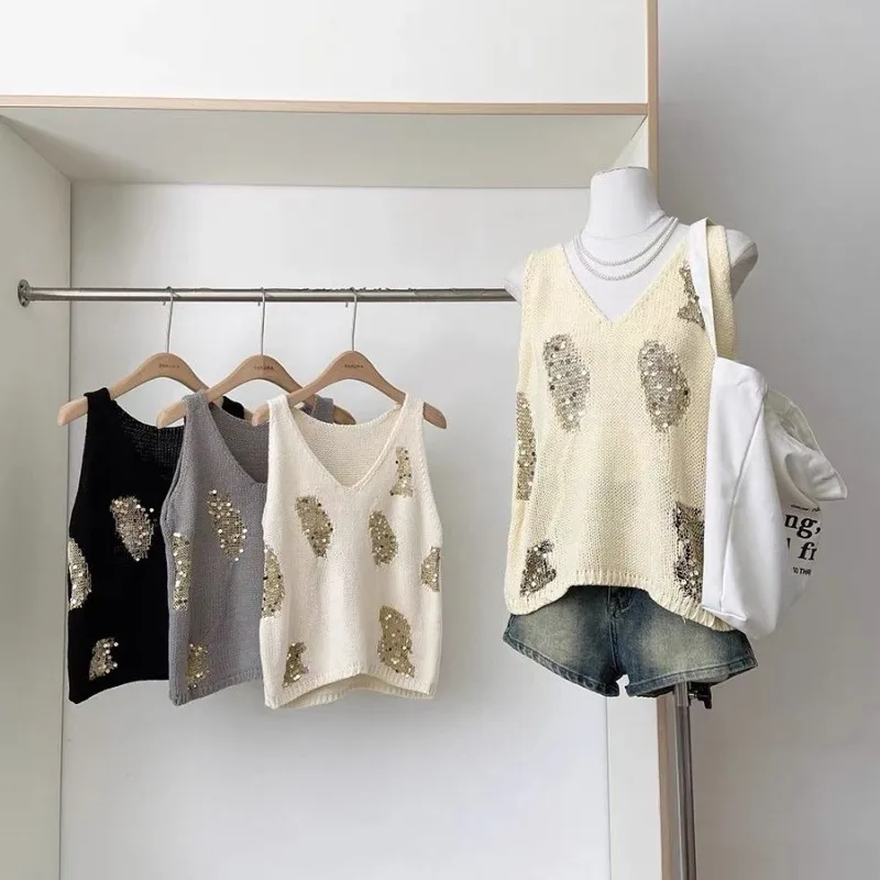 

Top Women's Summer French Style Elegant Sequin Patchwork Halter Neck Tank Top Distinctive Youthful New Comfortable Casual Niche