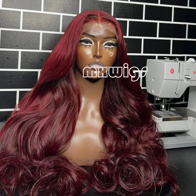 MXWIG Synthetic Hair Burgundy Red Body Wave Glueless 13X4 Lace Front Wig For Black Women Preplucked  Daily Fiber Cosplay